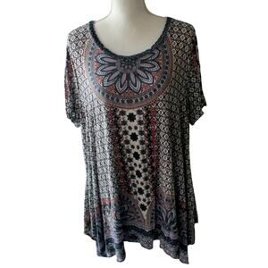 Fever Women's Plus Blue Floral Print Short Sleeve Stretch Shirt Size 1X